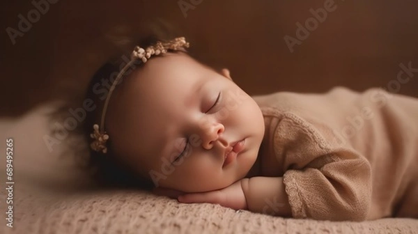 Fototapeta Cute europe's baby girl lying on floor sleeping with closed eyes in light brown color background generative ai