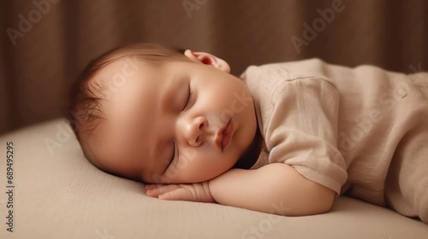 Fototapeta Cute europe's baby boy lying on floor sleeping with closed eyes in light brown color background generative ai