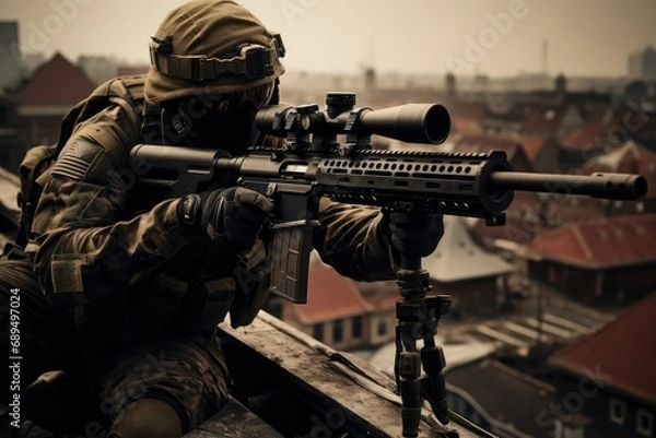 Fototapeta Portrait of a special forces soldier with assault rifle on the roof, A U,S, Army sniper looking through the scope on a building rooftop, AI Generated