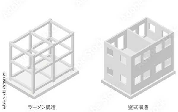 Fototapeta Reinforced concrete (RC) Rahmen construction and wall construction, Isometric Illustrations of Building Structures