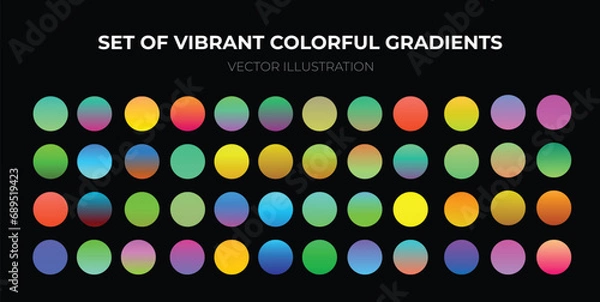 Fototapeta Rounded holographic gradient sphere button. Multicolor green purple yellow orange pink cyan fluid circle gradients, colorful soft round buttons or vivid color spheres flat vector set

