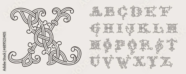 Obraz A to Z monograms. Celtic alphabet. Insular style initials with knots and interwoven cords. British, Irish, or Saxons overlapping monogram.