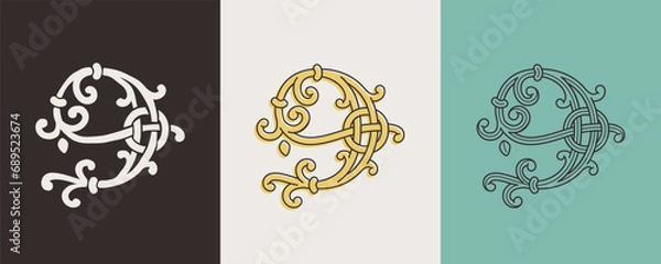 Fototapeta 9 logo. Celtic number Nine monograms. Insular style initial with knots and interwoven cords. British, Irish, or Saxons overlapping monogram.