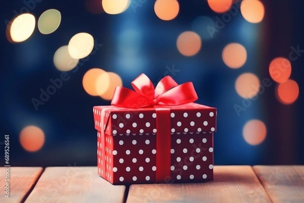 Fototapeta Gift box on wooden table with bokeh lights on background.
