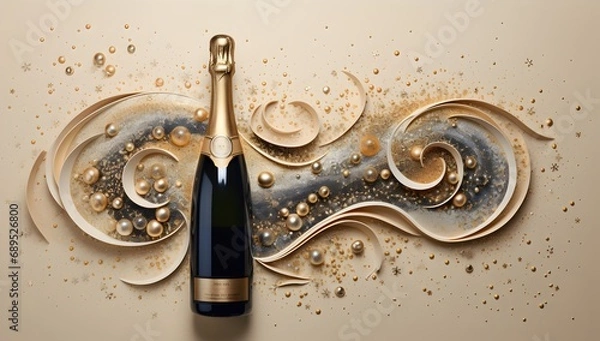 Fototapeta Bottle of champagne with gold splashes on a beige background.