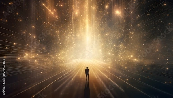 Fototapeta Man standing in the middle of a futuristic space with lights and smoke.