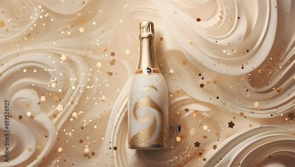 Fototapeta Bottle of champagne with gold splashes on a beige background.
