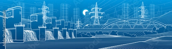 Obraz Hydro power plant. River Dam. Renewable energy sources. High voltage transmission systems. Power lines. Train rides on bridge. City infrastructure industrial illustration. Vector design art