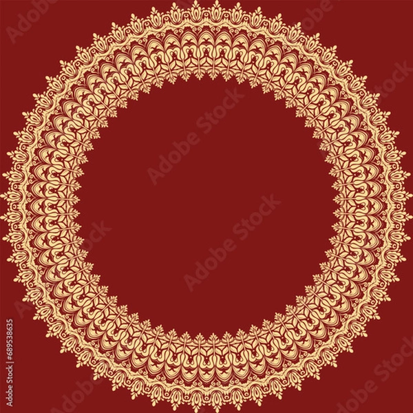 Fototapeta Oriental vector round frame with arabesques and floral elements. Floral red golden round border with vintage pattern