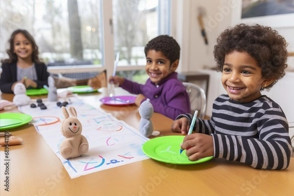 Fototapeta Easter Crafts. Childrens Joyful Creation of Colorful Decorations - Painting, Drawing, and Crafting