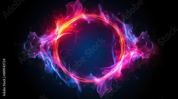 Fototapeta Abstract neon energy sphere of particles and waves of magical glowing on a dark background, circle and loop frames with magic purple and pink flame and sparks isolated on transparent, generative ai