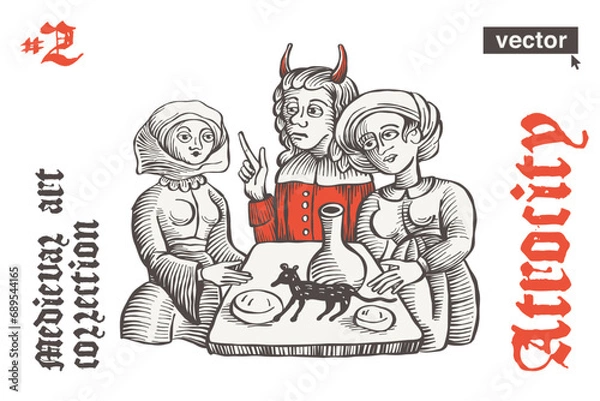 Obraz Witches with devil cooking potion with rat. Vector engraving style illustration. Medieval art with gothic lettering. Perfect for bewitchment emblem, pagan music, witch-craze posters, historical prints