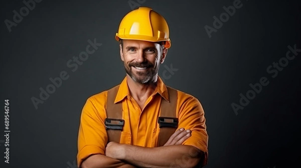 Fototapeta Professional male constructor worker in uniform and hard hat