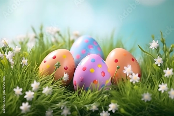 Fototapeta easter card, easter bunny with eggs, easter eggs and flowers, easter eggs in a basket, easter eggs and flowers on a white background, easter wall paper and background for social media