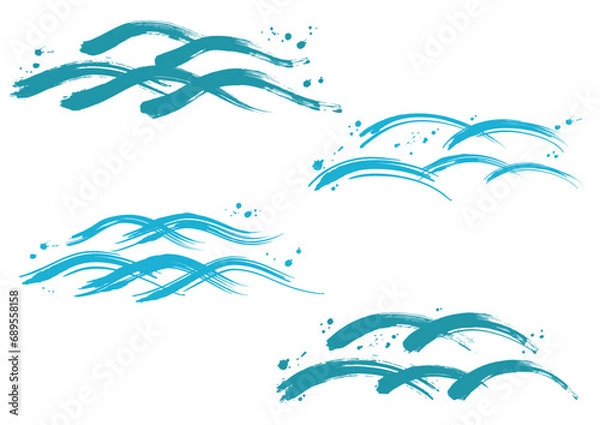 Fototapeta 筆タッチの和風な波セット　青