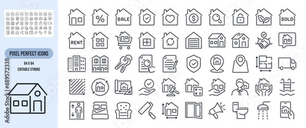Fototapeta Real estate, property, building, rent, home and office concept editable stroke outline icons set isolated on white background flat vector illustration. Pixel perfect. 64 x 64.