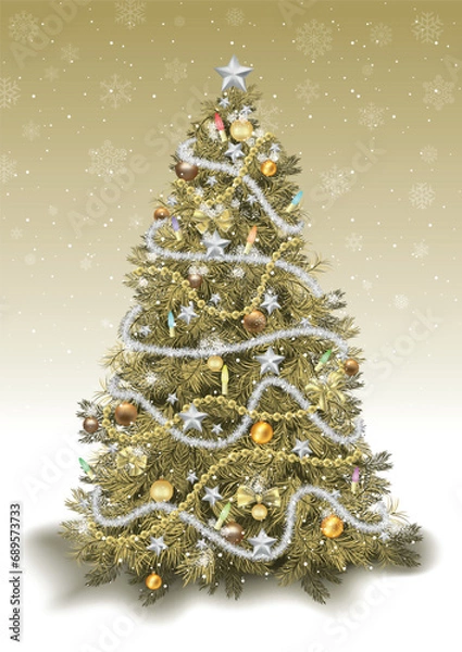 Fototapeta Golden Christmas Tree with Silver Christmas Ornaments with Background with Falling Snow - Detailed Illustration for Your Merry Christmas Greeting, Vector