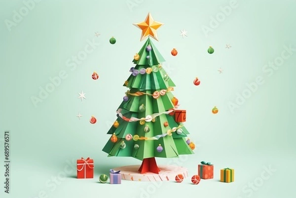 Fototapeta an origami christmas tree decorated with tiny paper ornaments