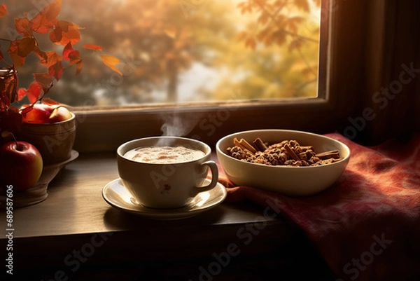 Fototapeta A cozy autumn morning scene featuring a steaming bowl of hot cereal topped with cinnamon and sliced apples - set in a warm and inviting kitchen ambiance with autumn decorations.