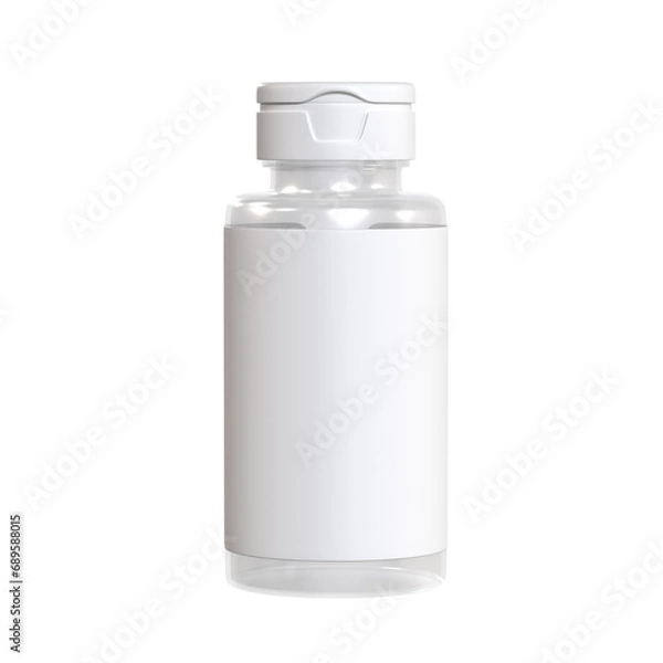 Obraz Photorealistic rendering of a medical jar for capsules, tablets, pills with an empty label. Isolated on a white background. Front view
