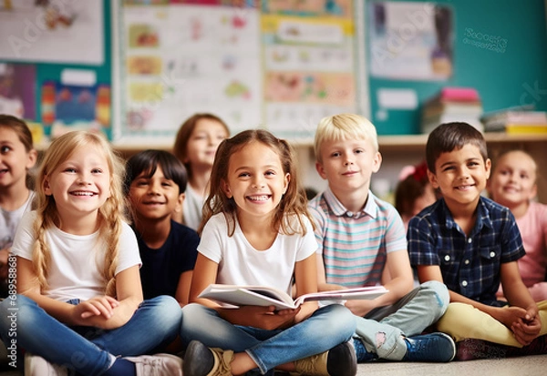 Obraz Group Of Pre School Children Answering Question In Classroom