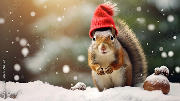 Fototapeta Cheerful squirrel wearing a tiny Santa hat, gathering pinecones in the snow Ai Generative