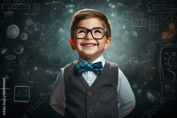 Fototapeta Happy smart boy with glasses on school board background with doodles and drawings, back to school theme.generative ai