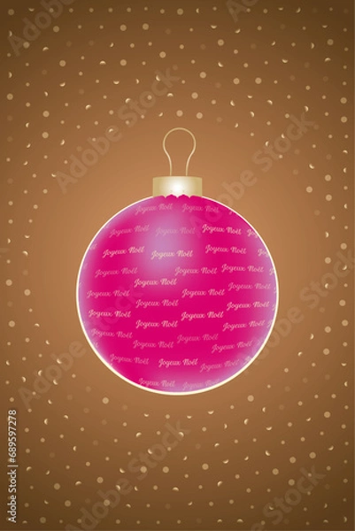 Fototapeta Christmas card with pink bauble and french text for Merry Christmas written in gold on glittering translucent snowflakes combined with warm brown background