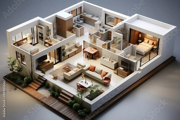 Fototapeta Stunning 3D model on detailed architecture floorplan showcasing modern home design, architectural precision, and meticulous planning for innovative living spaces