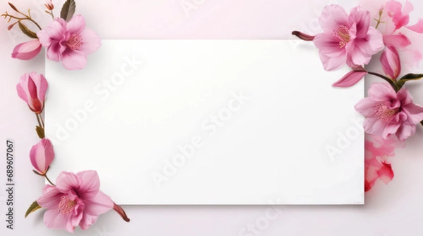 Fototapeta Frame of pink flowers. Spring blooming with copy space in the center. Top view. Copy space. Mockup.