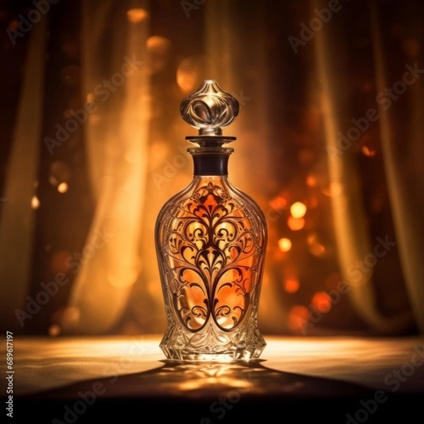 Fototapeta Exquisite clear glass perfume bottle illuminated by a warm golden backlight creating a luxurious ambiance