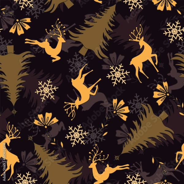 Fototapeta Seamless pattern with Christmas trees, snow, flowers and flat images of deer.