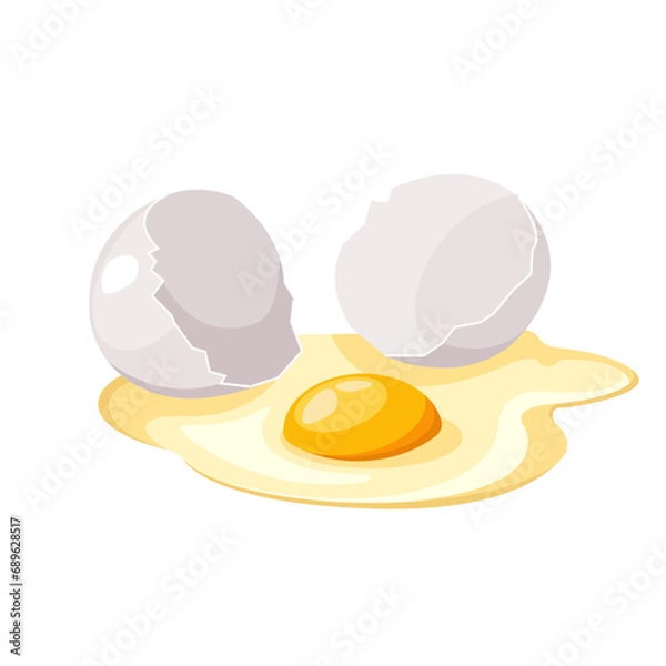 Fototapeta A broken white chicken egg with leaked raw liquid protein and yolk. Breaking eggshells. A raw egg. Vector illustration in a flat style