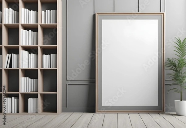 Fototapeta picture wooden frame mockup in modern library. gray tone