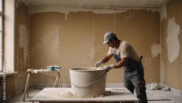 Fototapeta A construction worker adds plaster to a bucket and makes a plaster paste against the backdrop of a room being renovated