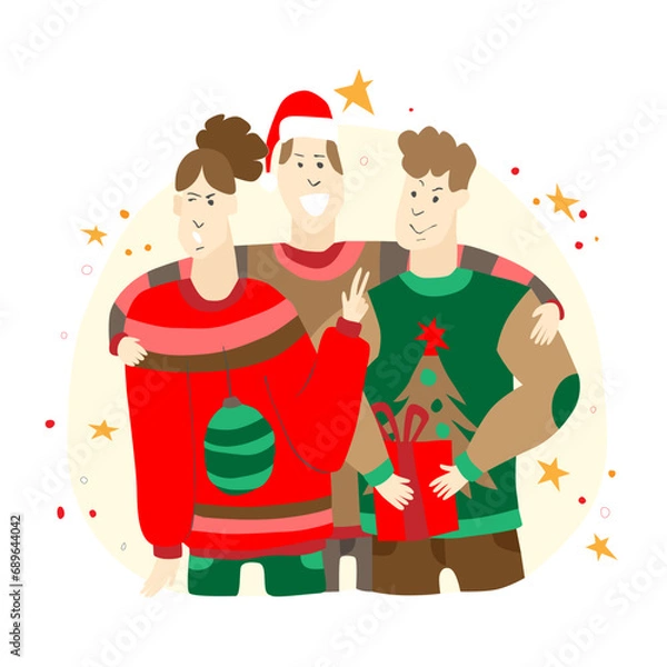 Fototapeta Vector New Year illustration in flat style with happy people in New Year sweaters taking pictures. New Year flat illustration 2024.