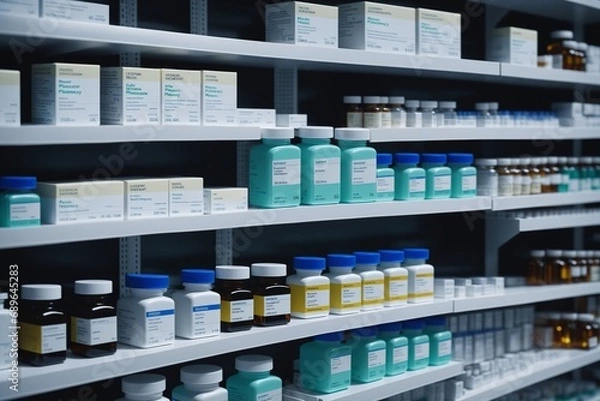 Fototapeta Fiktive Medikamente mit Pseudo Beschriftung: Nahaufnahme eines gut organisierten  Apothekenregals