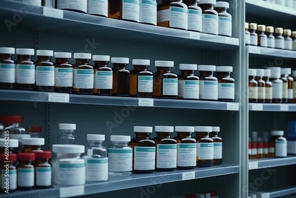 Fototapeta Fiktive Medikamente mit Pseudo Beschriftung: Nahaufnahme eines gut organisierten  Apothekenregals