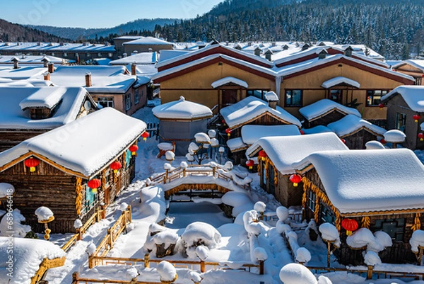 Fototapeta Landscape of houses and courtyards after snow in China's snow town