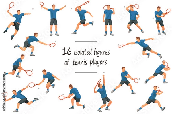 Obraz 16 figures of a male tennis player in a blue casual uniform in various poses and movements playing a set at a tournament