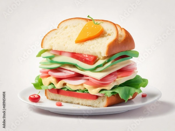 Fototapeta Ham and Vegetable Sandwich, Sandwich Filled With Ham and Veggies, Deli-Style Sandwich With Ham and Fresh Vegetables, Savory Sandwich Featuring Ham and Assorted Veggies