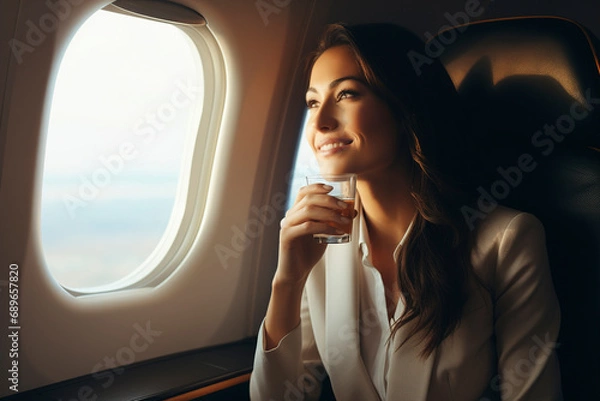 Fototapeta Smiling businesswoman holding a glass of drink and looking out the airplane window. Businesswoman looking out window of private jet. Happy flight and airplane travel concept.