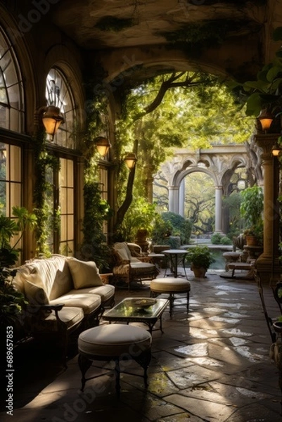 Fototapeta Tranquil garden courtyard inside a historic building, Generative AI