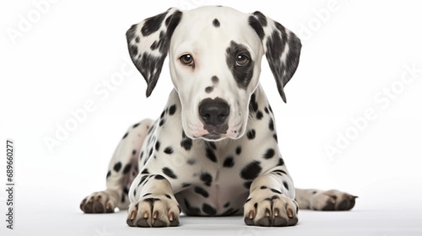 Fototapeta A adoreable Dalmatian in crouching position, white background