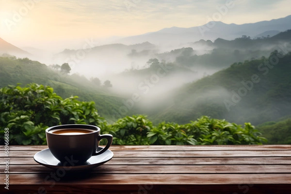 Fototapeta Coffee cup on wooden table on nature background with fog.