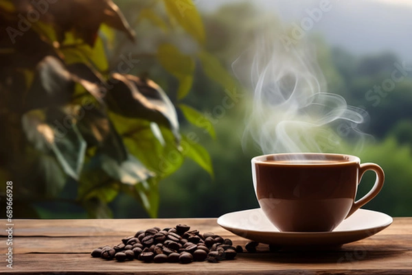 Obraz Coffee cup with smoke and coffee beans on wooden table on nature background.