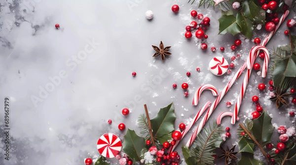 Fototapeta Christmas holiday background ,Christmas Tree Branches Decorated with Berries, Stars and Candy Canes.Website banner with space for text.