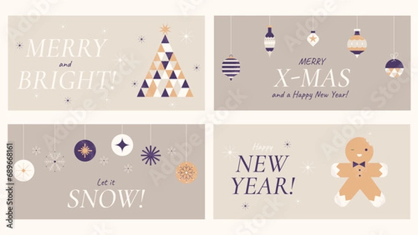 Obraz Christmas cards in a minimalist retro style with Christmas tree, balls, snowflakes and gingerbread man. Vector illustration in a trendy flat style.