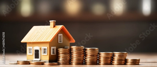 Obraz Mini house on stack of coins. Concept of property investment, income , tax, and passive income