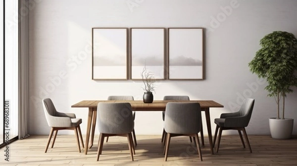 Fototapeta Mockup of posters or framed paintings in a dining room with a wooden table and chairs
